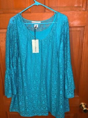 Seventh Avenue Teal Lace Bell-Sleeve Blouse